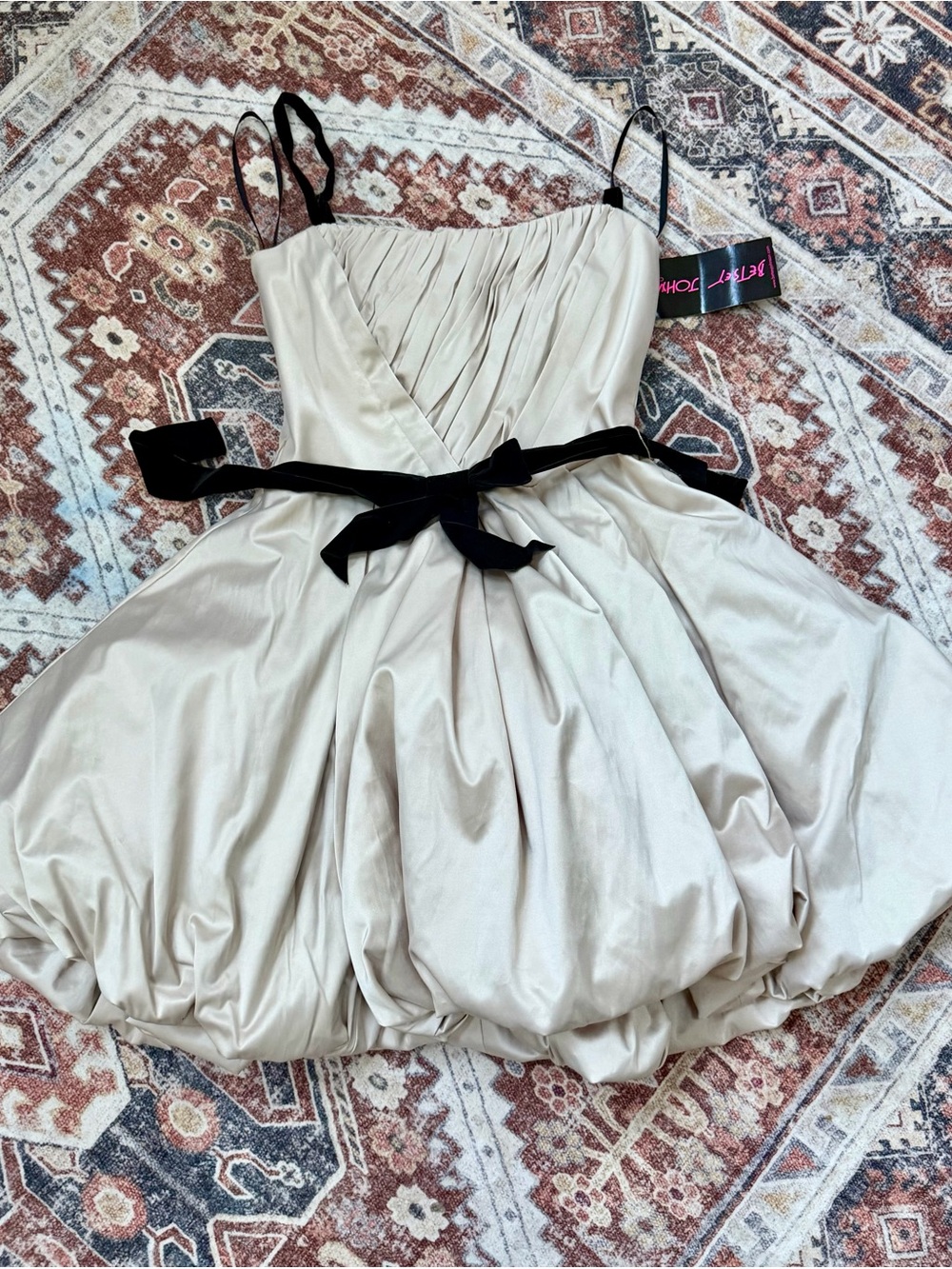 Betsey Johnson Cream Bubble Silhouette Dress with Black Velvet Bow